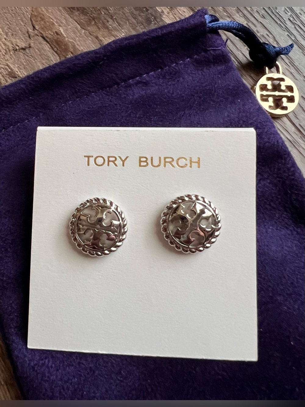 Tory Burch Silver Logo Rope-Edge Stud Earrings